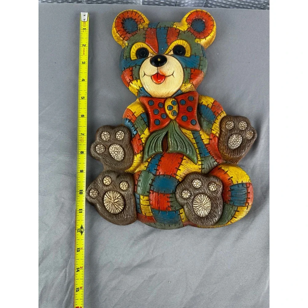VINTAGE 1970'S Patchwork Rocking Horse & Bear Molded Foam Wall Hangings Set Of 2